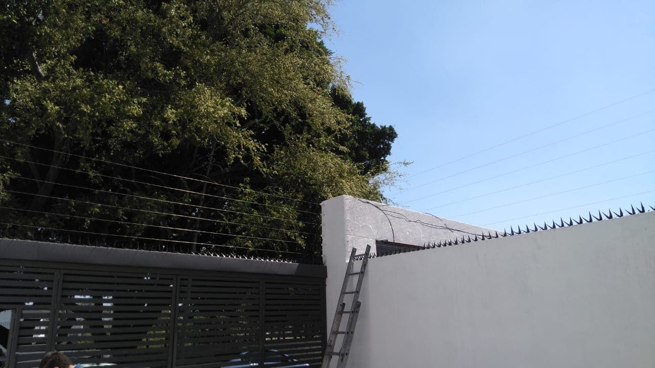 Esquina interior de una cerca eléctrica con escalera de tecnico lista para dar mantenimiento